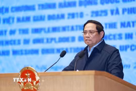 Thủ tướng Phạm Minh Chính phát biểu chỉ đạo Hội nghị tổng kết thực hiện Chương trình hành động quốc gia khắc phục hậu quả bom mìn sau chiến tranh ở Việt Nam. (Ảnh: Dương Giang/TTXVN)