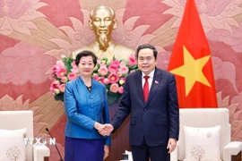 Chủ tịch Quốc hội Trần Thanh Mẫn tiếp Đại sứ Vương quốc Campuchia tại Việt Nam Chea Kimtha đến chào từ biệt nhân dịp kết thúc nhiệm kỳ công tác. (Ảnh: Doãn Tấn/TTXVN)