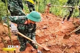 Các hài cốt được tìm thấy tại khu vực rừng tràm của một hộ dân ở thôn Trại Cá, xã Đakrông, tỉnh Quảng Trị. (Ảnh: TTXVN phát)
