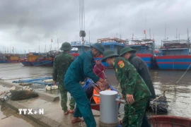 Cán bộ chiến sỹ Đồn biên phòng cửa khẩu cảng Kỳ Hà giúp người dân neo đậu tàu thuyền an toàn. (Ảnh: Đoàn Hữu Trung/TTXVN)