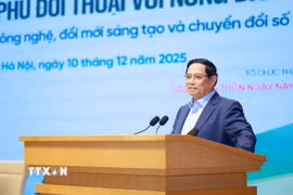 Thủ tướng Phạm Minh Chính phát biểu tại Hội nghị Thủ tướng Chính phủ đối thoại với nông dân năm 2025. (Ảnh: Dương Giang/TTXVN)