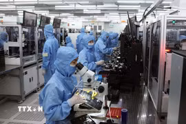 Dây chuyền sản xuất module camera và linh kiện điện tử xuất khẩu tại nhà máy của Công ty trách nhiệm hữu hạn MCNEX VINA (100% vốn Hàn Quốc), khu công nghiệp Phúc Sơn, tỉnh Ninh Bình. (Ảnh: Vũ Sinh/TTXVN)