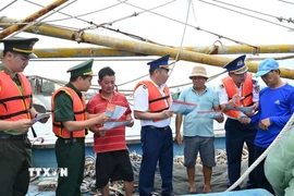 Lực lượng chức năng tuyên truyền về công tác chống khai thác IUU cho ngư dân tại Thành phố Hồ Chí Minh. (Ảnh: Hoàng Nhị/TTXVN)