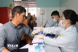 Bác sỹ thực hiện lấy máu để tầm soát bệnh cho đối tượng người cao tuổi. (Ảnh: Nguyên Dung/TTXVN)