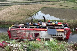 Hiện trường vụ lật xe khách trên Quốc lộ 37 ở Sơn La khiến 11 người bị thương. (Ảnh: TTXVN phát)