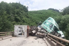 Xe container bị lật chắn ngang cầu khiến giao thông bị ách tắc. (Nguồn: TTXVN phát)