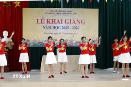 Tiết mục văn nghệ do các em khuyết tật tại Cơ sở Bảo trợ xã hội tổng hợp tỉnh Bắc Ninh biểu diễn. (Ảnh: Đồng Thúy/TTXVN)