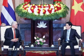 Chủ tịch nước Lương Cường hội kiến Bí thư thứ Nhất Đảng Cộng sản Cuba, Chủ tịch nước Cuba Miguel Díaz-Canel Bermúdez. (Ảnh: Lâm Khánh/TTXVN)