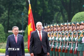 Tổng Bí thư Tô Lâm và Bí thư thứ Nhất, Chủ tịch nước Cuba Miguel Díaz-Canel Bermúdez duyệt Đội danh dự Quân đội nhân dân Việt Nam. (Ảnh: Thống Nhất /TTXVN) 