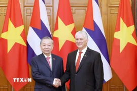 Tổng Bí thư Tô Lâm và Bí thư thứ Nhất Đảng Cộng sản Cuba, Chủ tịch nước Cuba Miguel Díaz-Canel Bermúdez chụp ảnh chung. (Ảnh: Thống Nhất/TTXVN)