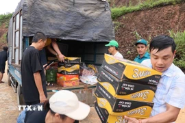 Lực lượng tình nguyện và các nhà hảo tâm tích cực tham gia công tác vận chuyển lương thực, thực phẩm, nước uống cho đồng bào. (Ảnh: Đoàn Hữu Trung/TTXVN)