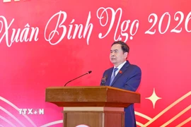 Chủ tịch Quốc hội Trần Thanh Mẫn phát biểu chúc Tết. (Ảnh: Doãn Tấn/TTXVN)
