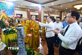 Các đại biểu và Phật tử thực hiện nghi thức tắm Phật. (Ảnh: Minh Đức/TTXVN)
