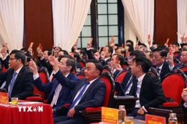 Các đại biểu thông qua Dự thảo Chương trình, Quy chế làm việc, Nội quy của Đại hội. (Ảnh: Văn Điệp/TTXVN)