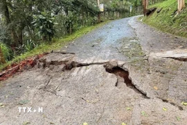 Các vết nứt lớn tại khu vực có nguy cơ sạt lở ở đồi Yang Yeh, xã Hòa Sơn, tỉnh Đắk Lắk. (Ảnh: TTXVN phát)