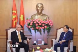 Trưởng Ban Chính sách, Chiến lược Trung ương Trần Lưu Quang tiếp Cố vấn Đặc biệt Liên minh Nghị sỹ hữu nghị Nhật-Việt Takebe Tsutomu. (Ảnh: Tuấn Anh/TTXVN)