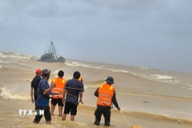 Công tác phối hợp ứng cứu tàu cá bị chìm đang được cán bộ, chiến sỹ và nhân dân thực hiện hết sức khẩn trương, tích cực. (Ảnh: TTXVN phát)