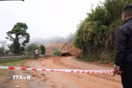 Từ sáng 20/5, sau khi tạm dừng các phương tiện lưu thông, các đơn vị đã triển khai các mũi thi công khắc phục sạt lở lớn tại 2 vị trí khác nhau trên đèo Gia Bắc (xã Sơn Điền, Lâm Đồng). (Ảnh: Nguyễn Dũng/TTXVN)