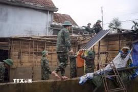 Lực lượng bộ đội ra quân giúp dân xây dựng và sửa chữa nhà cửa bị ảnh hưởng bởi mưa lũ tại xã Lộc An, thành phố Huế. (Ảnh: Mai Trang/TTXVN)