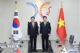 Chủ tịch nước Lương Cường hội đàm với Tổng thống Hàn Quốc Lee Jae Myung. (Ảnh: Lâm Khánh/TTXVN)