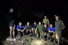 Lực lượng tìm kiếm tiếp cận, sơ cứu cho du khách bị thương khi đi lạc trong rừng đặc dụng. (Ảnh: TTXVN phát)