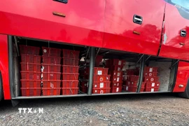 Các lực lượng chức năng phát hiện 112 kiện hàng bên trong chứa 676 cá thể Rắn hổ mang (loại một mắt kính) tổng trọng lượng là 924,2kg trái phép. (Ảnh: TTXVN phát)