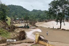 Khung cảnh tan hoang tại xã Mỹ Lý, Nghệ An sau trận lũ lịch sử. (Ảnh: Văn Tý/TTXVN)