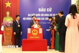 Cử tri Nguyễn Thị Khẩn, 96 tuổi là cử tri lớn tuổi nhất khu vực bỏ phiếu số 8, phường Hải An, thành phố Hải Phòng tham gia bỏ phiếu. (Ảnh: Hoàng Ngọc/TTXVN)