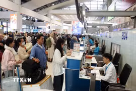Hành khách xếp hàng làm thủ tục tại sân bay Nội Bài. (Ảnh: Quốc Khánh/TTXVN)
