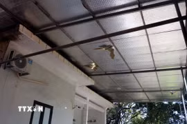 Hộ gia đình bà Lê Thị Ly bị đất đá làm sập tường rào phía sau nhà, mái ngói, mái tôn bị đá rơi vỡ làm thủng nhiều chỗ. (Ảnh: Đại Nghĩa/ TTXVN)