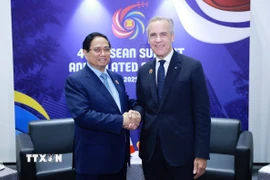 Thủ tướng Phạm Minh Chính gặp Thủ tướng Canada Mark Carney. (Ảnh: Dương Giang/TTXVN)