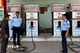 Đội quản lý thị trường tỉnh Cà Mau tăng cường kiểm tra tại các cửa hàng kinh doanh xăng dầu. (Ảnh: Tuấn Phi/TTXVN)
