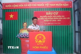 Cán bộ chiến sỹ trên đảo Hòn Chuối tiến hành bầu cử sớm. (Ảnh: Chanh Đa/TTXVN)