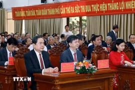 Chủ tịch Quốc hội Trần Thanh Mẫn dự Lễ Công bố Nghị quyết sáp nhập đơn vị hành chính cấp tỉnh tại thành phố Cần Thơ. (Ảnh: Doãn Tấn/TTXVN)