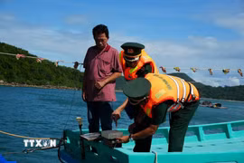 Cán bộ chiến sỹ Trạm kiểm soát Biên phòng Rạch Đầm, Đồn Biên phòng cửa khẩu An Thới (Ban Chỉ huy Bộ đội Biên phòng An Giang) kiểm tra thiết bị VMS tàu cá ngư dân. (Ảnh: Lê Huy Hải/TTXVN)