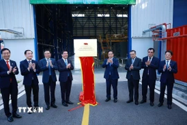 Thủ tướng Phạm Minh Chính và các đại biểu dự Lễ khánh thành Nhà máy Điện khí LNG Nhơn Trạch 3 và 4 và thực hiện nghi thức gắn biển Công trình chào mừng Đại hội XIV của Đảng. (Ảnh: Dương Giang/TTXVN)