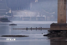 Mực nước sông Đà đoạn qua khu vực thủy điện Hòa Bình xuống thấp, để lộ các bãi đá giữa lòng sông. (Ảnh: Thanh Hải/TTXVN)