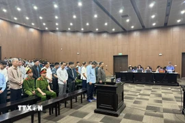 Các bị cáo nghe đại diện Viện Kiểm sát giữ quyền công tố tại phiên tòa đọc cáo trạng. (Ảnh: Kim Anh/TTXVN)