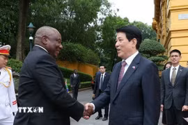 Chủ tịch nước Lương Cường đón Tổng thống Nam Phi Matamela Cyril Ramaphosa. (Ảnh: Lâm Khánh/TTXVN)