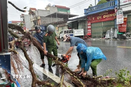 Công an xã Quỹ Nhất giúp người dân khắc phục hậu quả. (Ảnh: Công Luật/TTXVN)