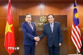 Chủ tịch Thượng viện Malaysia Dato' Awang Bemee Awang Ali Basah đón Chủ tịch Quốc hội Trần Thanh Mẫn. (Ảnh: Doãn Tấn/TTXVN)