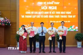 Bí thư Tỉnh ủy Đồng Tháp Lê Quốc Phong trao Quyết định thành lập Đảng bộ Ủy ban Nhân dân tỉnh Đồng Tháp. (Ảnh: Nhựt An/TTXVN)