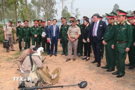 Các đại biểu xem trình diễn công tác chuẩn bị trước khi thực hiện rà phá bom mìn, vật liệu nổ. (Ảnh: Trọng Đức/TTXVN)