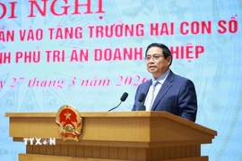 Thủ tướng Phạm Minh Chính chủ trì Hội nghị Doanh nghiệp góp phần vào tăng trưởng hai con số và Thủ tướng Chính phủ tri ân doanh nghiệp. (Ảnh: Dương Giang/TTXVN)