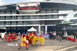 Lãnh đạo Sở Văn hoá, Thể thao và Du lịch tỉnh Gia Lai đón và tặng quà lưu niệm cho du khách trên tàu du lịch cao cấp Le Jacques Cartier đến với tỉnh Gia Lai nhân dịp Xuân Bính Ngọ 2026. (Ảnh: TTXVN phát)