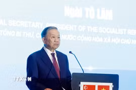 Tổng Bí thư, Chủ tịch nước Tô Lâm phát biểu tại Diễn đàn Kết nối công nghệ Việt Nam- Singapore. (Ảnh: Thống Nhất/TTXVN)