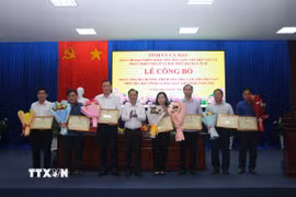 Ông Phạm Văn Thiều, Chủ tịch Hội đồng Nhân dân tỉnh Cà Mau trao Bằng khen cho các cá nhân có thành tích xuất sắc trong việc góp phần cùng tỉnh hoàn thành chương trình xoá nhà tạm, nhà dột nát. (Ảnh: Chanh Đa/TTXVN)