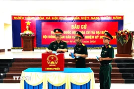 Cán bộ, chiến sỹ các lực lượng vũ trang làm nhiệm vụ tại đặc khu Thổ Châu tham gia bầu cử sáng 8/3/2026. (Ảnh: Văn Sĩ/TTXVN)