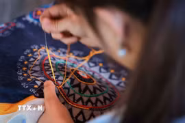 Những mũi thêu thuần thục của người thợ làng thổ cẩm Lan Rừng. (Ảnh: Hoàng Hiếu/ TTXVN)