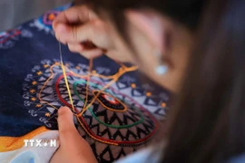 Những mũi thêu thuần thục của người thợ làng thổ cẩm Lan Rừng. (Ảnh: Hoàng Hiếu/ TTXVN)